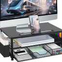 AUPSEN Wood Computer Monitor Stand Riser, 2Tier Black Desk Organizer with Drawer, Pen Storage & Phone Holder ，Office Desk Accessories Desktop Organizer for Office Supplies