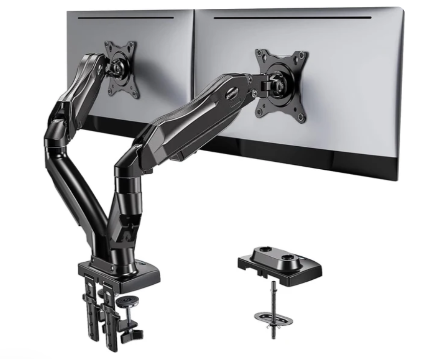 HUANUO HNDS6 Dual Monitor Stand - Black, Secure & Versatile. Supports 13" to 32" screens, holding 4.4 to 19.8 lbs per arm. Features C-Clamp and grommet mounting for a stable, flexible setup.