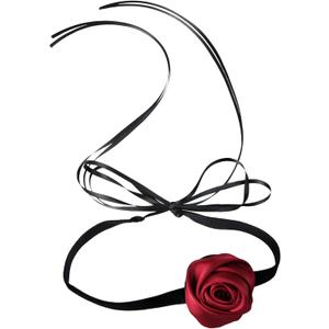 Black Choker Camellia Flower Lace-up Necklace For Women (Black Ribbon Rose)