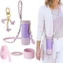 NiHome Accessory Set Compatible with Owala FreeSip 32oz Water Bottle, Includes Hand-Woven Strap, Silicone Ring, Glitter Protective Boot Sleeve, and Straw Plug, Non-Slip Anti-Scratch Base, Pink