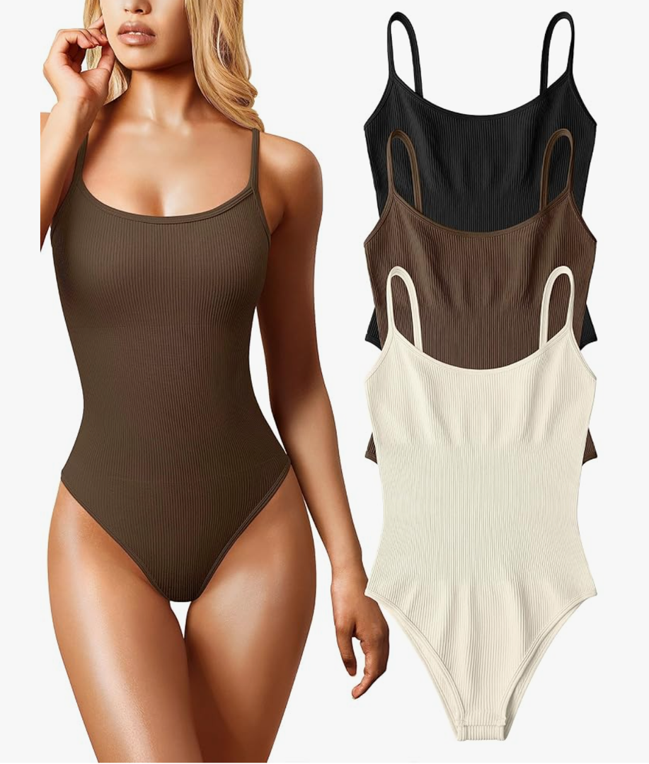OQQ Women's 3 Piece Bodysuits Sexy Ribbed Sleeveless Adjustable Spaghetti Strips Tops Leotard 2025 Summer
S