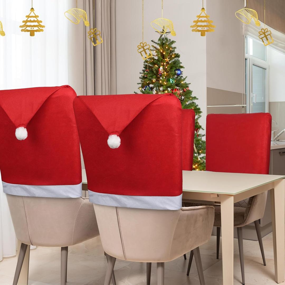 jabrand 4pcs Christmas Chair Covers, Red Chair Back Cover Fabrics Santa Claus Hat Slipcover for Xmas Decor Dining Room Holiday