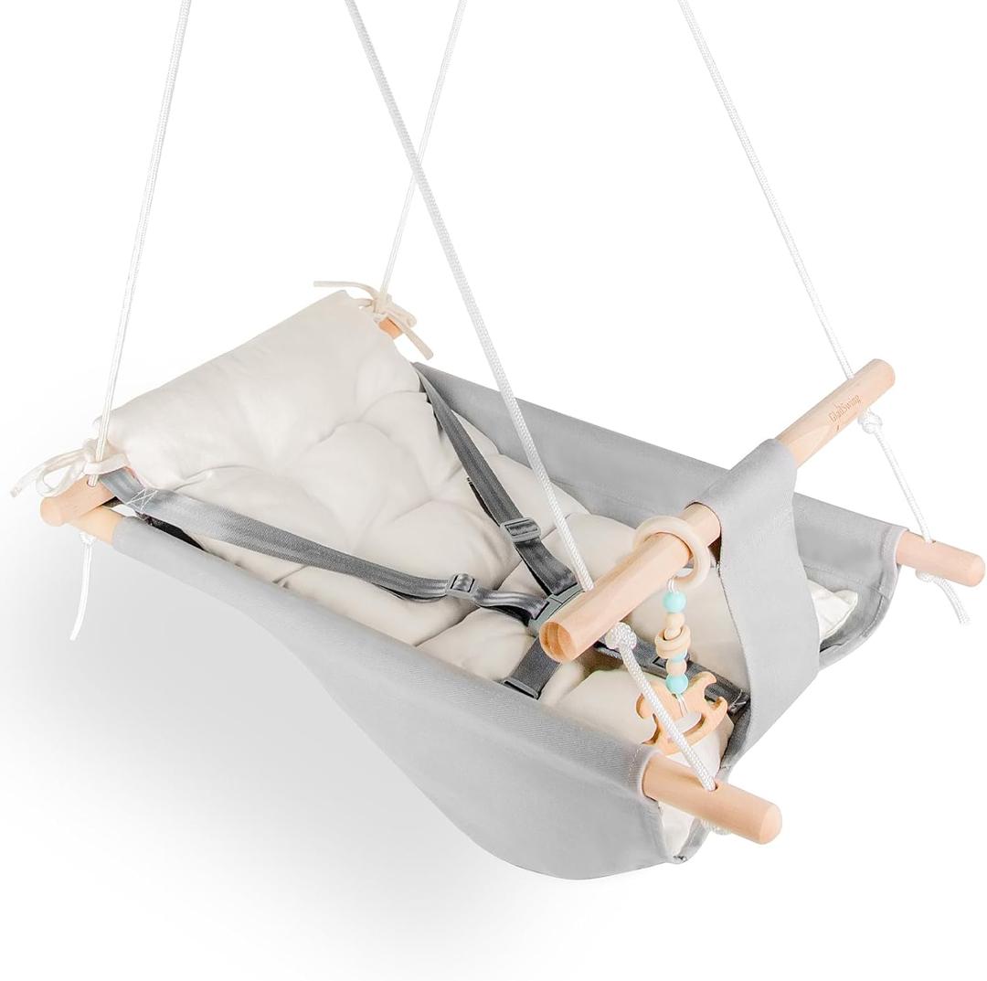 Baby Swing Indoor and Outdoor, Canvas Hammock Swing for Baby to Toddler with a Comfortable Seat, Macaroon Wooden Toy, Adjustable 5-Point Harness, 3 Modes, Gift for Baby Boys Girls, Grey&White