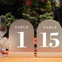 Wedding Table Numbers 1-15, Acrylic Arch Signs with Natural Wood Stands Holders, Rustic Table Decor for Reception & Parties (Frosted White)