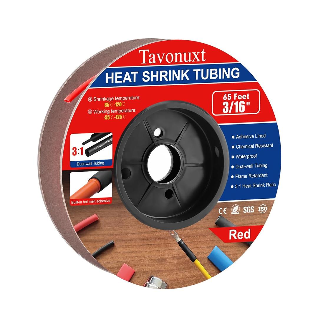 3/16" 65ft 3:1 Heat Shrink Tubing with Adhesive Lining - Marine Grade, Ideal for Home, Automotive, and Industrial Use - Red