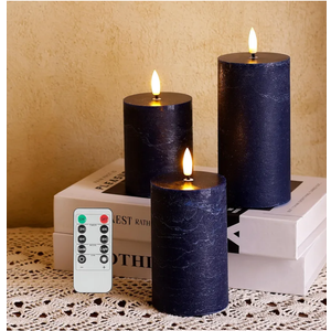 Navy Blue Flameless Candles, Real Wax Battery Operated Candles with Remote, Flat Top Flickering LED Pillar Candles for Home Party Wedding Holiday Decor, Set of 3 (H 4" 5" 6" x D3)