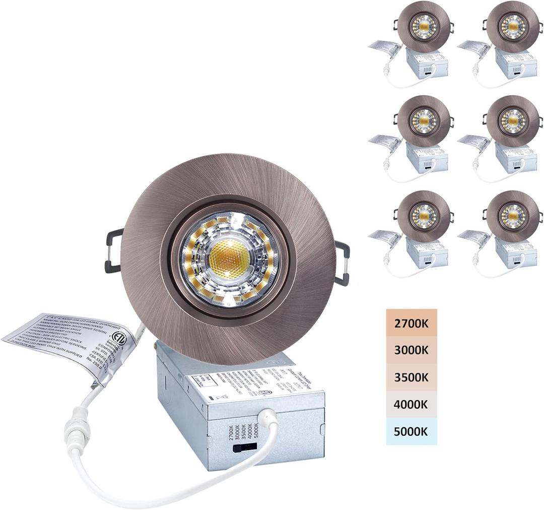 Premium Canless Recessed Gimbal Downlight Rotatable-Spotlight 5 CCT 3 Inch Eyeball Ceilling Potlight, Dimmable Recessed Lights Fixture with Junction Box, 8W, Oil Rubbed Bronze, 6P