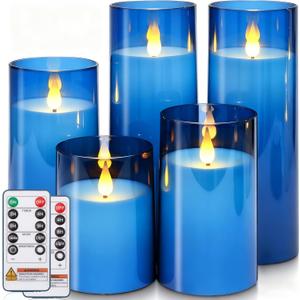 Homemory Blue Flickering Flameless Candles, Battery Operated Acrylic LED Pillar Candles with Remote Control and Timer, Blue Decor, Set of 5