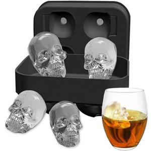 Ice Mold Skull 3D Flexible Silicone Ice Cube Molds Maker Tray, 4 Giant Skulls, Round Ice Cube Maker
