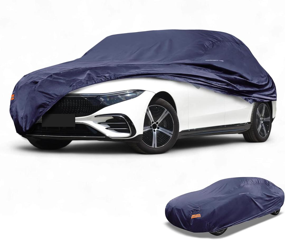 Waterproof All-Weather Universal Car Cover with Right Side Zipper & Mirror Pocket, 190T-PU Navy Blue Fits for Sedan Up to 165" Length