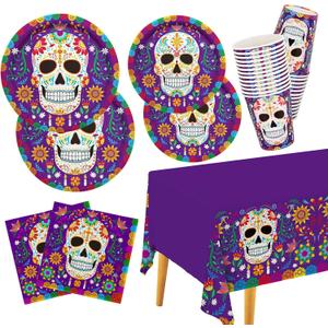 Day of the Dead Party Supplies Kit Serve 25, Includes Disposable Sugar Skull Dinner Plates, Dessert Plates, Napkins, Cups and Tablecloth, Da de los Muertos Party Decorations