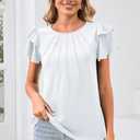 SimpleFun Womens Blouses Dressy Casual Work Tops Ruffle Short Sleeve Crew Neck Pleated Summer Shirts (White, L)