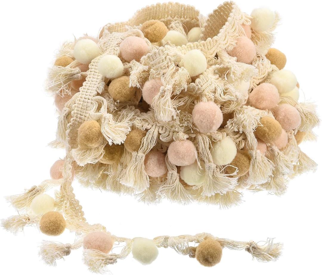 uxcell 5 Yards Pom Pom Ball Fringe Trim, Ribbon Sewing DIY Crafts Accessory for Home Curtain Clothes Pillow Decoration, Beige