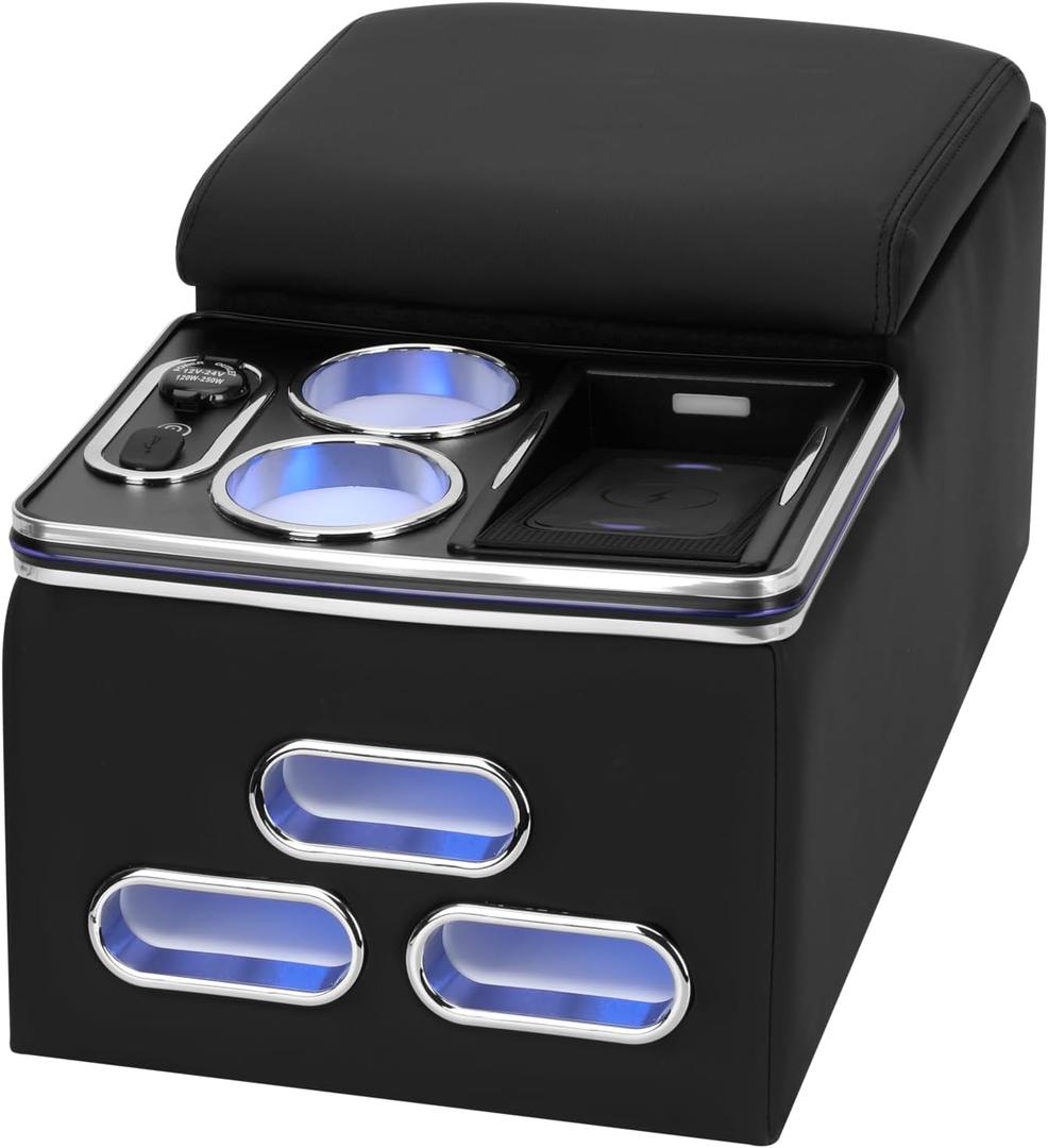 Universal Center Console Armrest Organizer with Wireless Charging Phone Holder Cup, Truck Bench Seat Center Console, Rear Bench Seat Armrest van, Car Minivan Truck,Center Console Armrest Organizer
