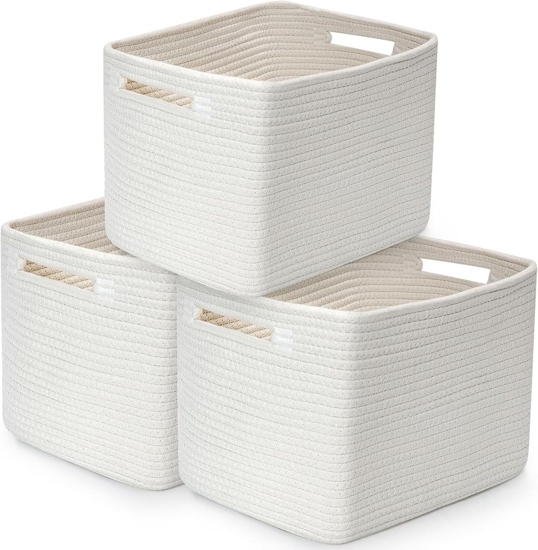 3 Pack Shelf Woven Storage Basket, 15 x 10 x 9 Closet Rope Baskets For Organizing, Square Bins with Handles, White