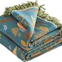 VANJOROY Boho Throw Blanket, 100% Organic Cotton Breathable Ultra Soft 80" x 90" Bed Quilt Throw - Floral Rustic Bird Farmhouse Decor Luxury Reversible Blanket for Sofa Couch Chair and Gift,Teal/Beige