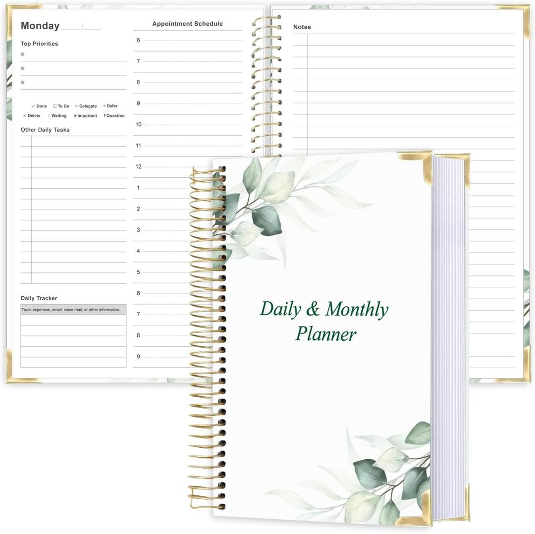 Undated Daily Monthly Planner for 2026 or Anytime - A5 To Do List with Hourly Schedule, Hardcover Spiral Bound Daily Planner to Increase Focus, Stylish School/Office Supplies, 5.8" x 8.5", Green Leaf