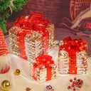 LAWOHO Christmas Lighted Gift Boxes Set of 3 Gold Present Boxes with Bow-Knot Battery &USB Powered Light up Box Decorations for Christmas Home Indoor Outdoor Holiday Decoration