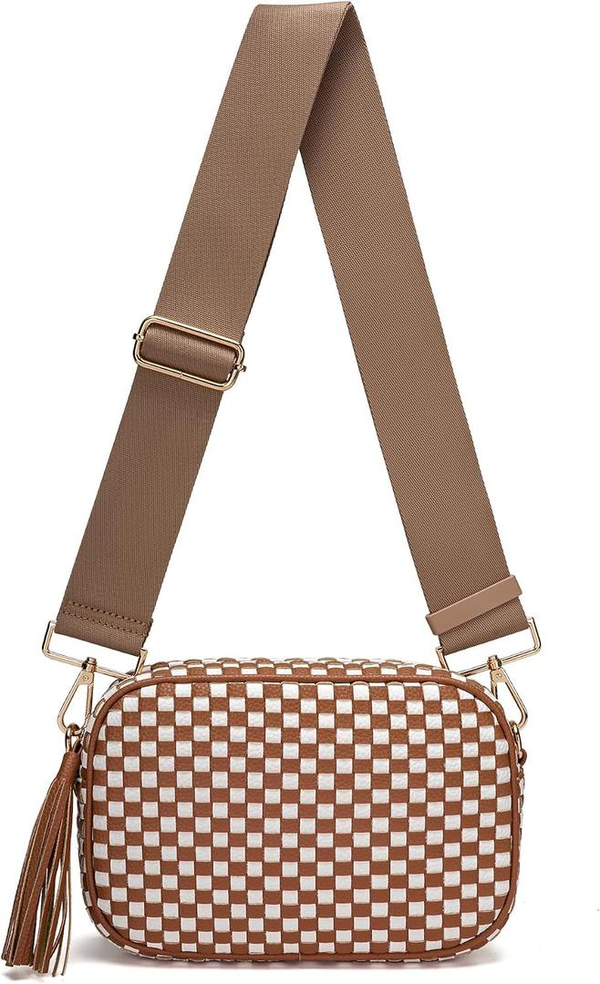 Small Woven Checkered Crossbody Bag for Womenl Cute Vegan Leather Purses Trendy Shoulder Handbags Wide Strap