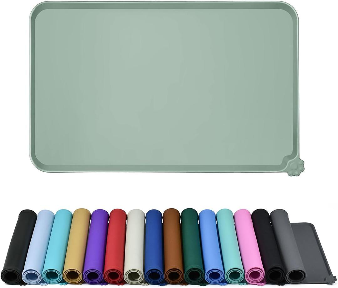 Waterproof Pet Feeding Mat with High Raised Edges, Heavier and Thicker Placemats for Cat Dog Water Bowl with BPA Free, Dogs Cats Food Mats for Messy Drinkers to Prevent Spill and Protect Floors (18.5" x 11.5", Agate Green)