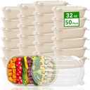 ZORRITA 50 Pack 32 oz Disposable Meal Prep Containers, Sugarcane Fiber Paper Salad Bowls with Lids Take Out Food Container for Pasta, Burrito, Leftovers