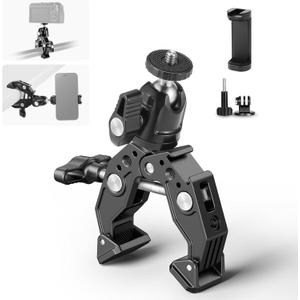 Neewer Super Clamp with Ballhead, Cold Shoe, Phone Holder and Action Camera Mount Adapter for Flat/Round Surface Compatible with GoPro DJI iPhone 15 Pro Max, ST87