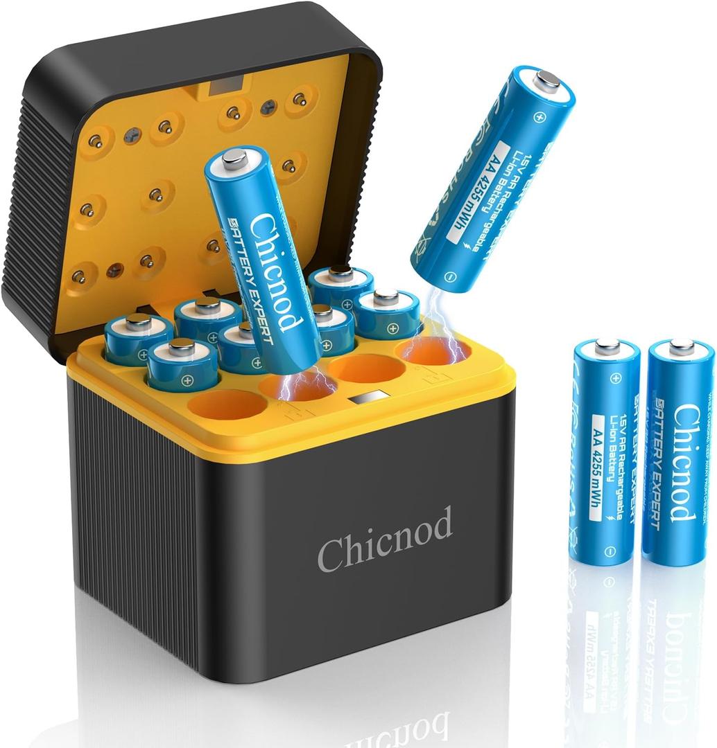 Rechargeable AA Lithium Batteries with Fast USB-C Charger, 12-Pack 4255 mWh 1.5V Constant Voltage for Blink Outdoor Camera, Xbox Controller, Flashlights 2000+ Cycles