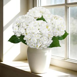 4 PCS Real Touch White Hydrangea Artificial Flowers 20.5", Latex Large Faux Hydrangeas Fake Flowers with Stems Leaves for Family Table Wedding Bouquets Party Centerpieces Home Decor in Vase