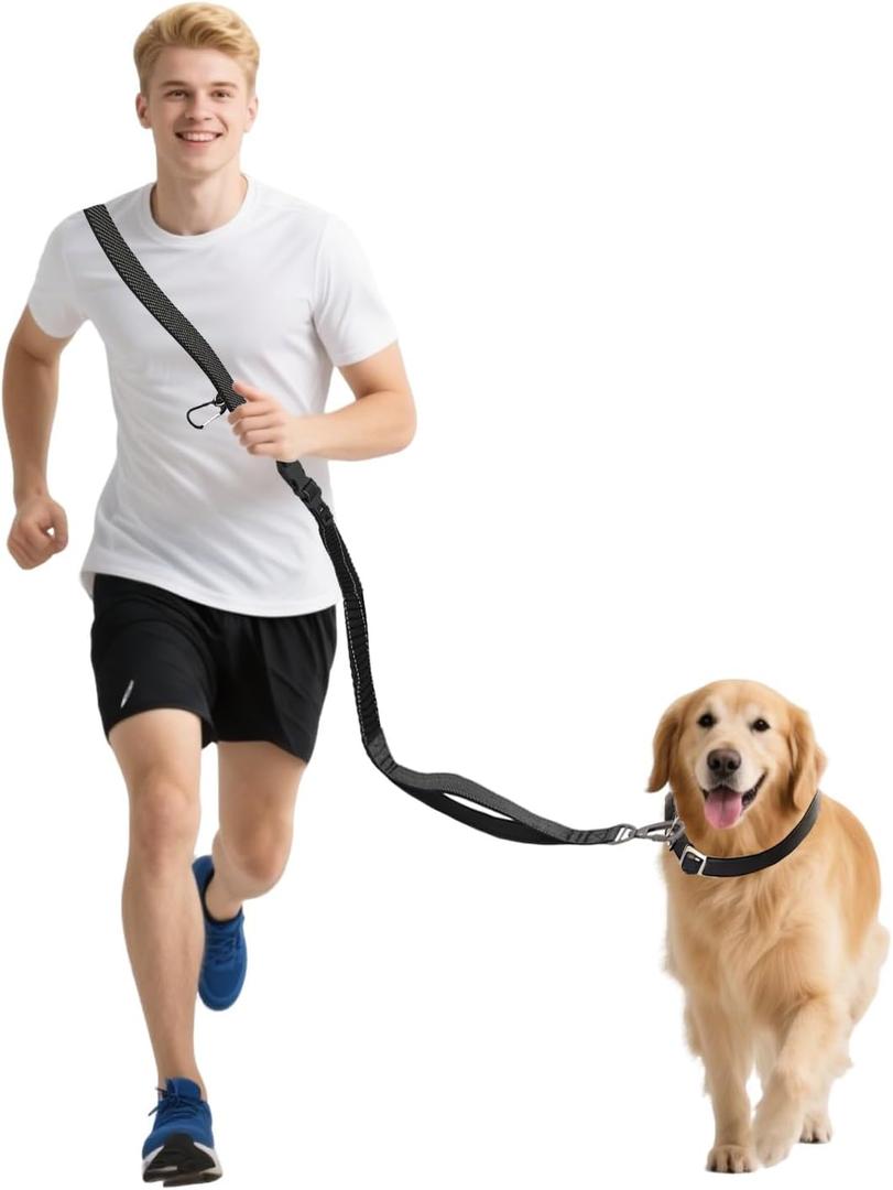 LEOSASA Hands-Free Dog Leash - Tactical Rope with No Pull Bungee Tangle Free Clip, Adjustable Length for Multi-Use, 2-Handle with Reflective Strip, Lead for Hike Run Small Medium Large Pet Green