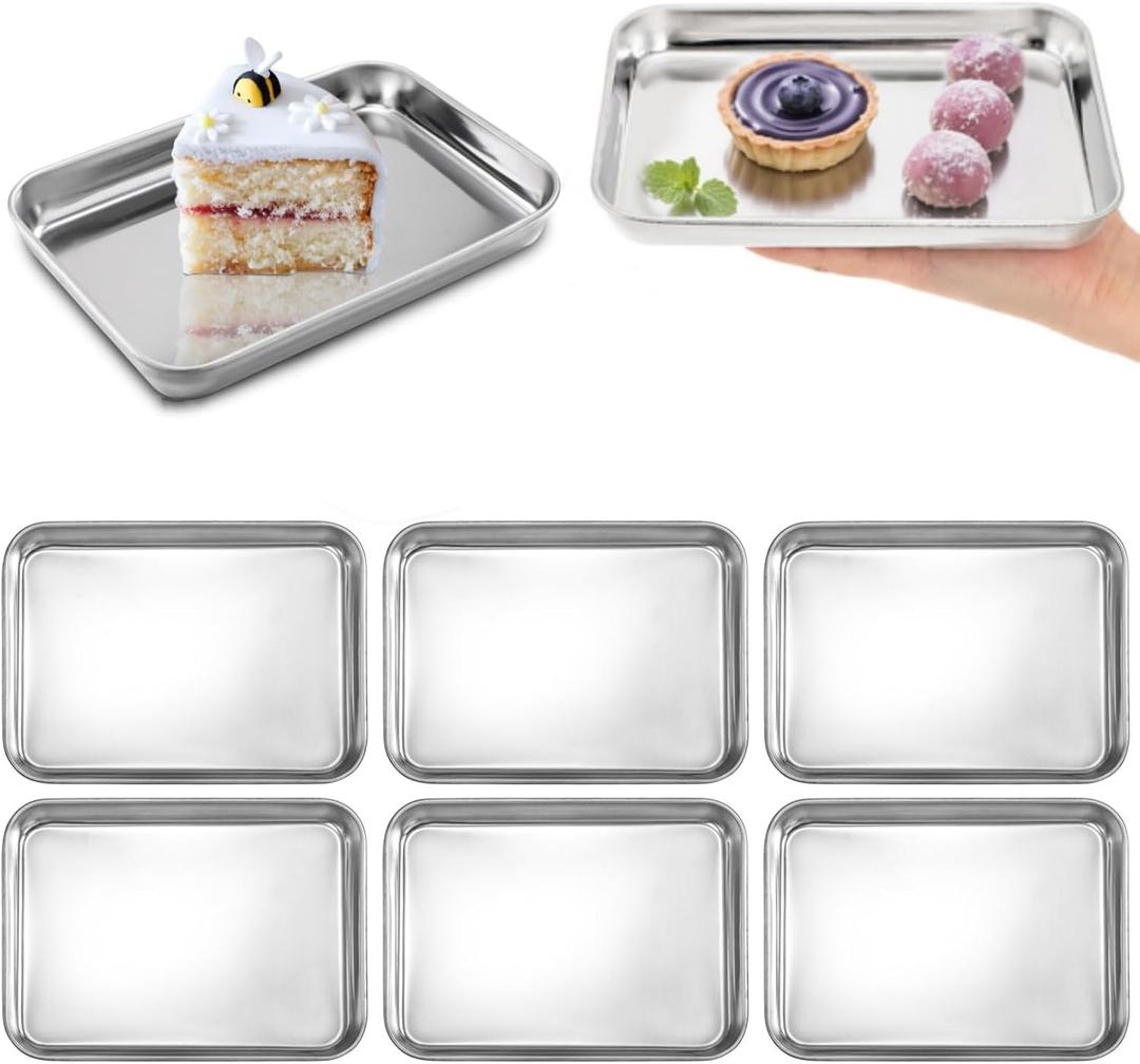 Lyellfe 6 Pack Small Stainless Steel Plates, 7''L x 5''W Mini Metal Food Tray Plate, Portable Size Baking Sheets for Oven, Food Safe Smooth Polished for Picky Eaters, Campers, Hand Project