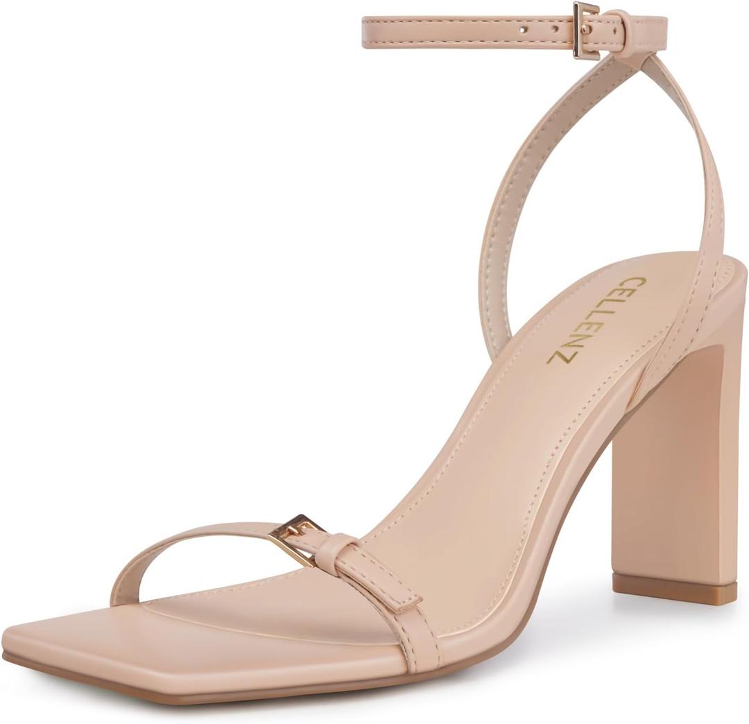CELLENZ Strappy Women High Heels: Sexy Wide Heeled for Women Dressy - Nude Heel Prom Comfortable - Wedding Sandals Shoes Size 10