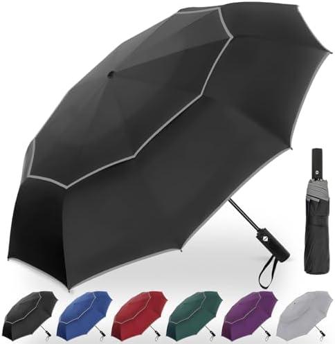 Satol Extra Large Golf Umbrella, 46/54/62 Inch Windproof 10 Ribs Vented Double Canopy Reflective Strips Automatic Open/Close Waterproof UV Protection Portable Compact Umbrella for Outdoor & Travel (Black Round Handle)