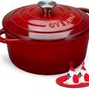 Overmont Enameled Cast Iron Dutch Oven - 7QT Pot with Lid Cookbook & Cotton Potholders - Heavy-Duty Cookware for Braising, Stews, Roasting, Sourdough Baking Red