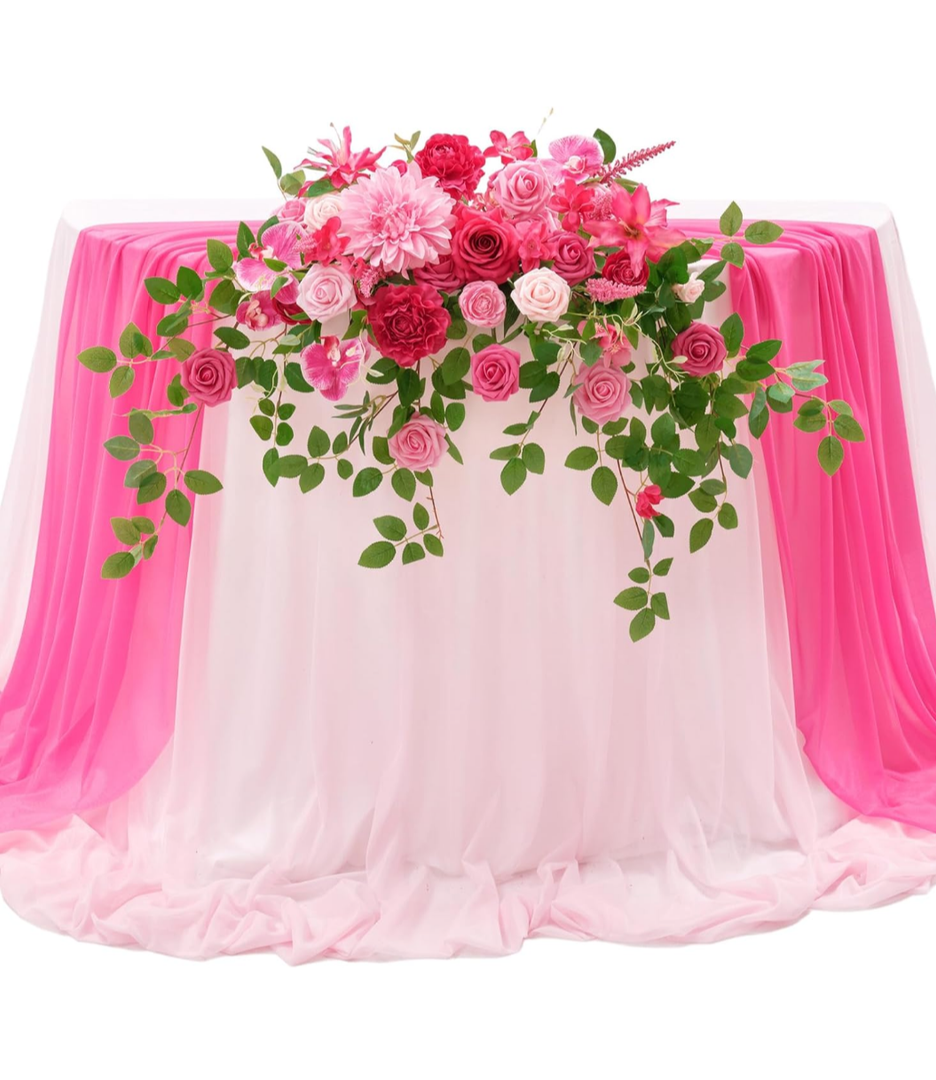 TINGE TIME Artificial Sweetheart Flower Swag with Table Cloth and Table Runner, Pack of 3 Floral Arrangement for Wedding Sweetheart Table Centerpiece Decoration Valentine's Day (Hot Pink)