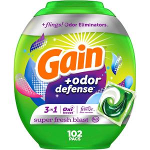 Gain Flings Laundry Detergent Pacs with Odor Defense, 102 Count, Super Fresh Blast Scent, HE 3in1 Detergent Pacs with Febreze and Oxi