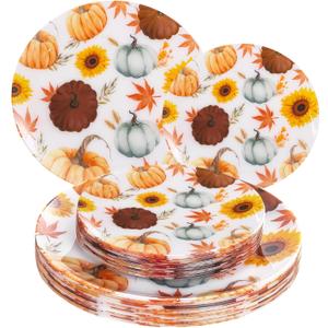 WDF 24Pcs Thanksgiving Plastic Plates - Heavy Duty Fall Plastic Plates - Gold Pumpkin and Sunflower Pattern for Thanksgiving Dinner & Parties (10inch, 7inch)