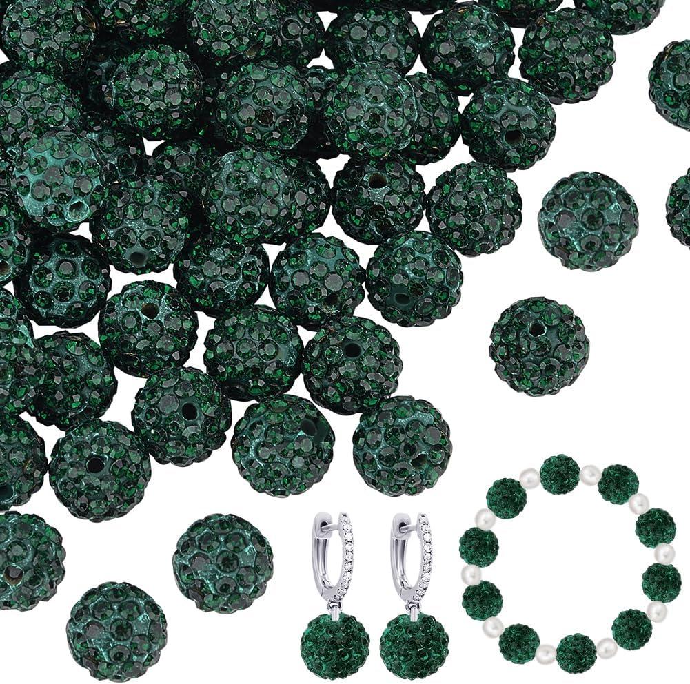 PH PandaHall 100 Pcs 10mm Dark Green Rhinestone Beads Round, Polymer Crystal Beads for Necklace, Bracelet, Jewelry Making, Party Decoration