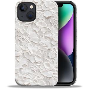 DAIZAG Case for iPhone 14 iPhone 13,White Floral Lace Full-Body Design Hybrid Dual Protection Soft TPU Hard PC Shockproof Scratch-Resistant Protective Cover Phone Case for Men Women