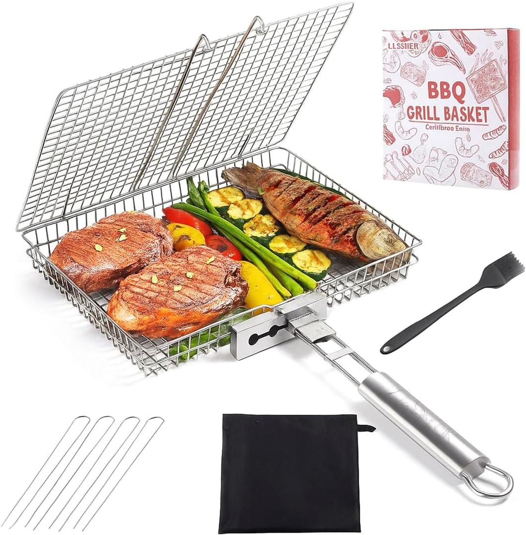 LUSSIER Grilling Basket for Outdoor Grill  Large Foldable Stainless Steel Barbeque Basket with Removable Handle, Skewers & Basting Brush Non-Stick BBQ Grill Basket for Veggies, Fish & Shrimps
