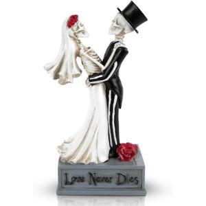 Day of The Dead Skeleton Couple Bride and Groom Skull Figurines, Love Never Dies in Bridal Gown and Tuxedo Sculpture Handmade Resin Crafts, for Halloween Gothic Wedding Gift Decor Ornament (4.1x8.7IN)