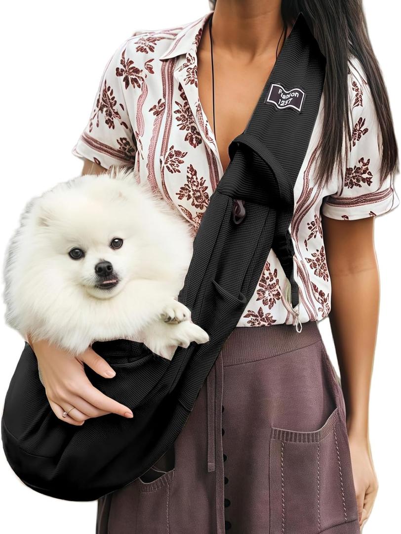 Dog Slings for Small Dogs,Soft and Breathable Waffle Fabric,Puppy Essentials,Reversible Dog Sling with Organizer Pocket,Suitable for Small Dogs and Cats,Black