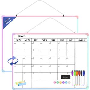 Monthly Whiteboard Calendar for Wall, 24" x 18" Dry Erase Board with Plastic Frame, Hanging Dry Erase Calendar with 3 Mini Sticky Notes for Kitchen Planner, Memo, Home and Office, Colorful