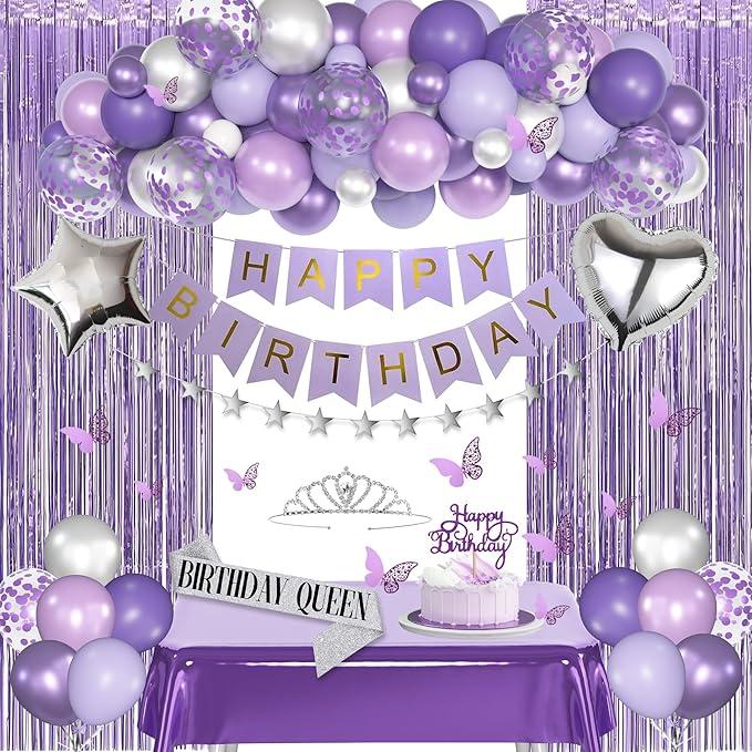 Purple Birthday Decorations for Women Girls, Lavender Silver Metallic Balloons Glitter Sash Fringe Curtain Butterfly Decor Cake Topper Happy Birthday Banner Butterfly Party Decorations Lavender Bday