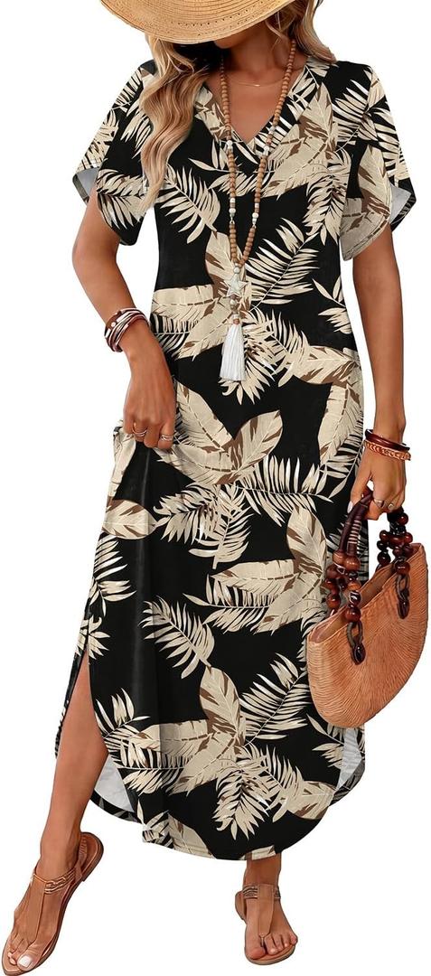 WIHOLL Summer Dresses for Women Short Sleeve Maxi Dresses V Neck Sundress with Side Slit Pockets Casual Beach Dress (M)