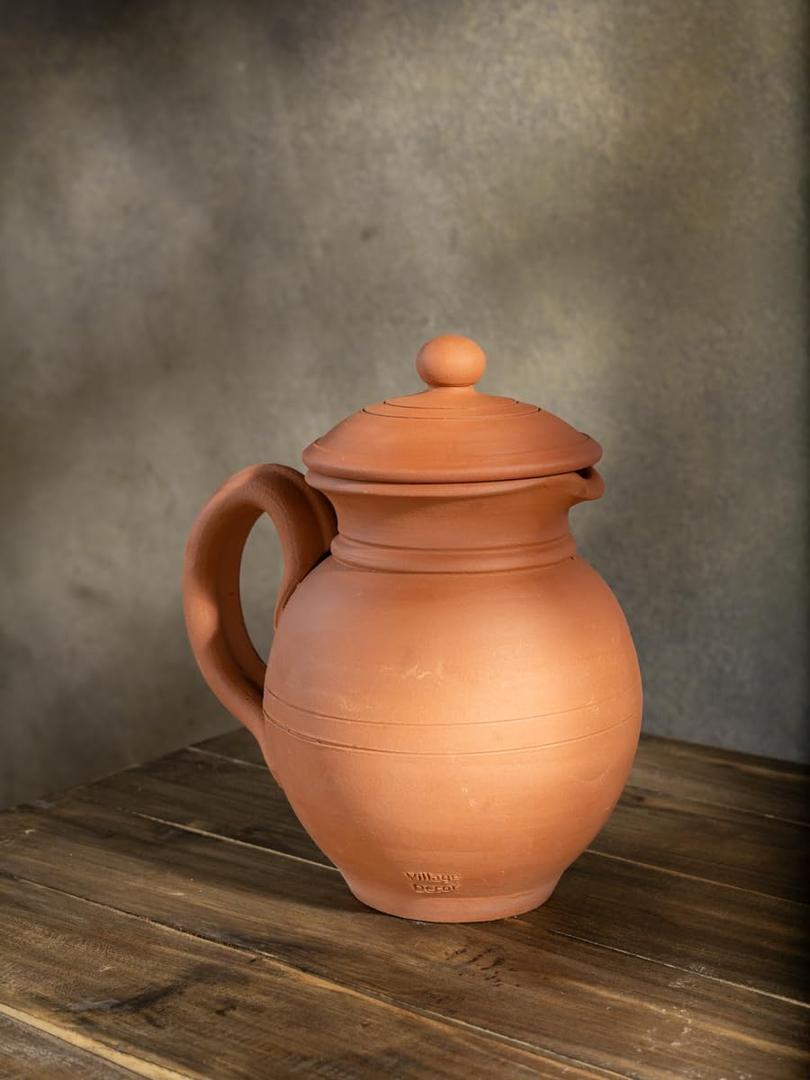 Village Decor Handmade Clay Water Jug - Natural Nontoxic Unglazed Carafe | 50 oz Capacity For Healthy Drinking Experience