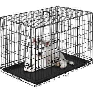 PayLessHere Small Dog Crate Kennel 24 inches Metal Dog Cage Double-Door Folding Travel Indoor Outdoor Puppy Playpen with Divider and Handle Plastic Tray,Black