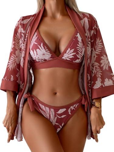 Aidonger Women's Bikini Sets V Neck Three Piece Swimsuit with Mesh Cover Up Cross Back Tie Straps Kimono Bathing Suit XL