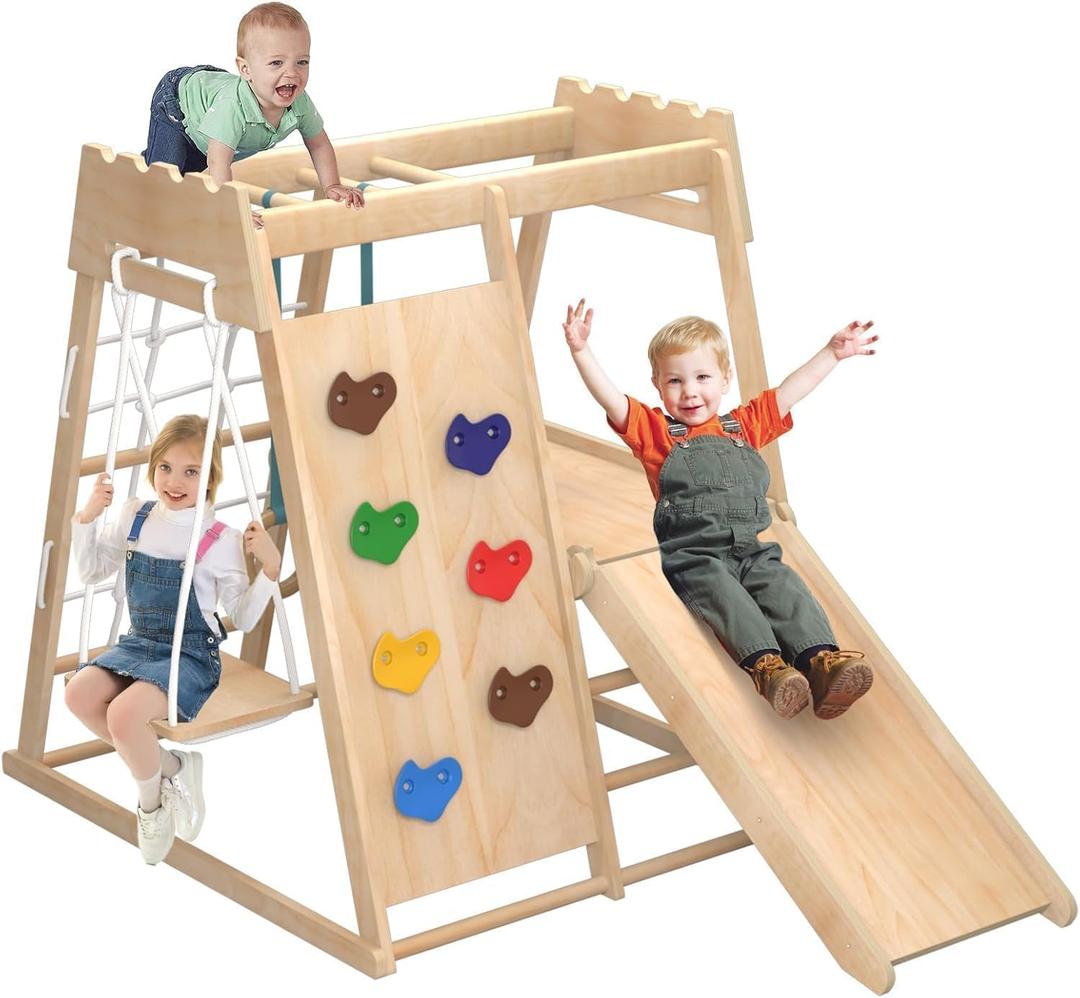 8-in-1 Indoor Playground, Indoor Jungle Gym for Toddlers, Kids Climbing Toys Indoor, Wooden Montessori Climber Playset with Swing, Slide, Monkey Bar, Wood Ladder, Climbing Net,Gymnastic Rings