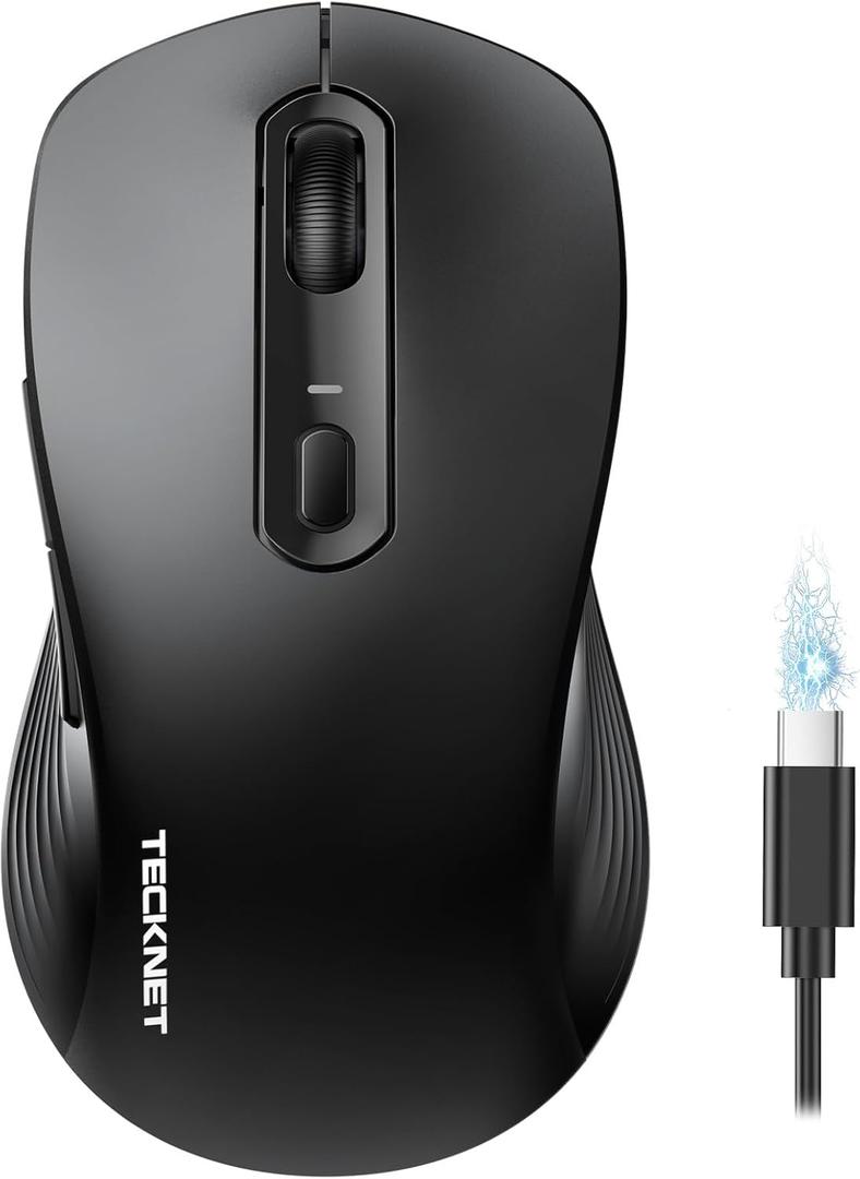 TECKNET Rechargeable Bluetooth Mouse, [ USB + BT5.0 + BT3.0 ] Wireless Mouse, Ergonomic Design, Silent Click, 6-Level 4800 DPI Wireless Mice, 3-Device Switching for Laptop, Computer, MacBookBlack
