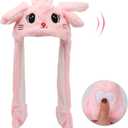 Animal Hat with Ears Moving Jumping Pop Up Beating Hat Plush Holiday Cosplay Dress Up Funny Gift for Kids Cat Pink